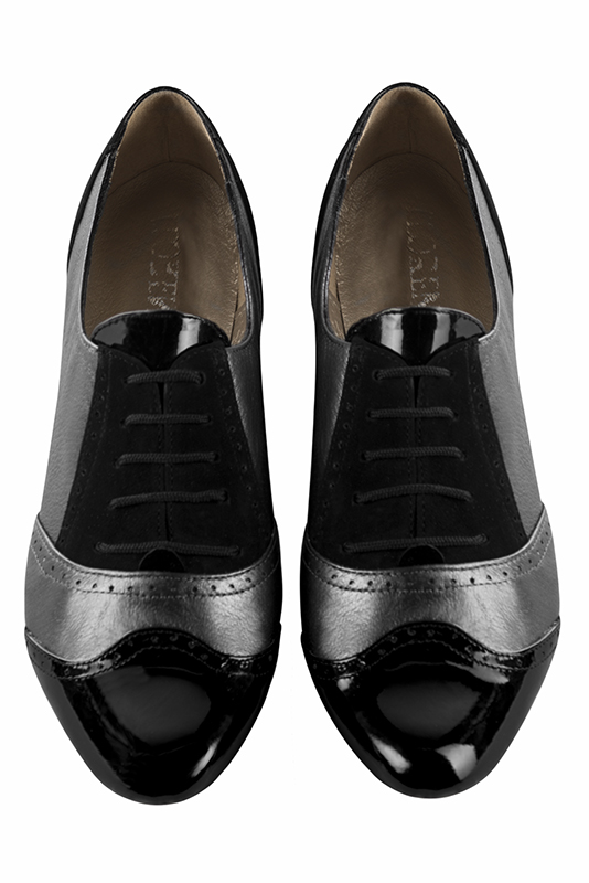 Gloss black and dark silver women's fashion lace-up shoes. Round toe. Flat leather soles. Top view - Florence KOOIJMAN